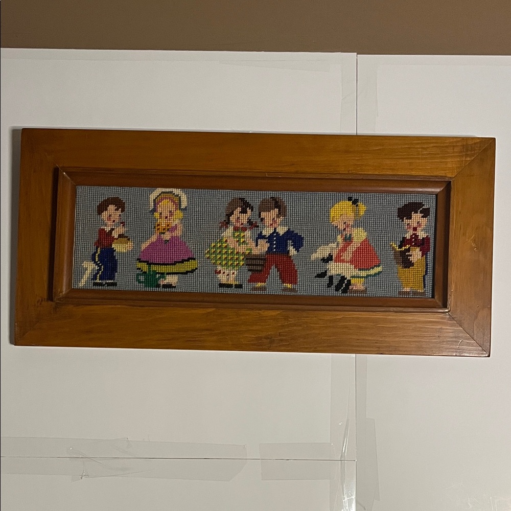 😄MCM framed needlepoint children sheep garden